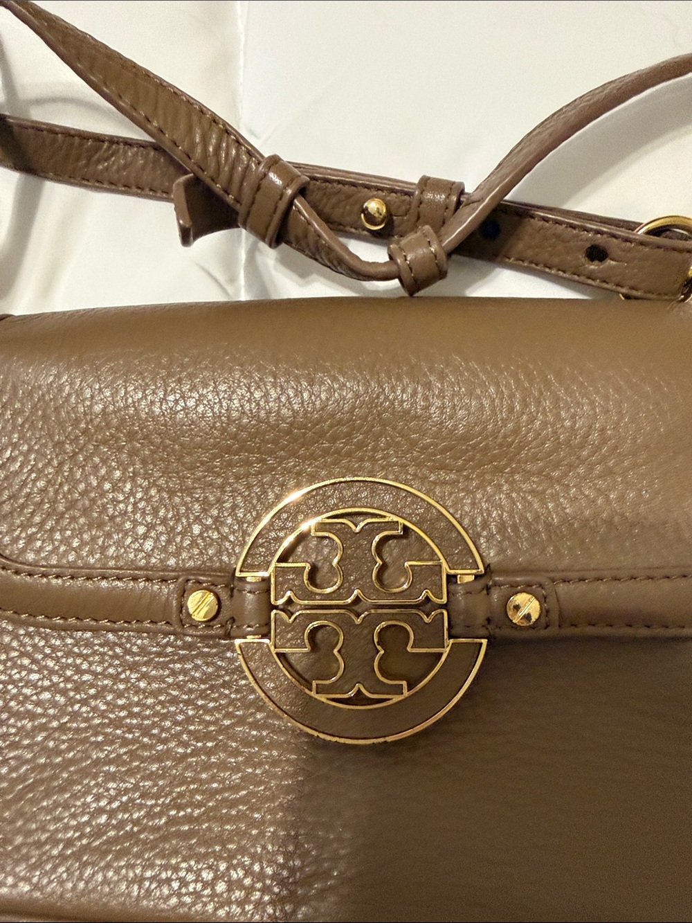 Tory Burch Brown Leather Crossbody with Gold Logo Medallion